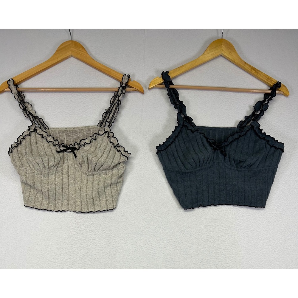 Coquette Balletcore Shein Womens L Gray Ribbed Ruffle Bow Crop Cami Top Set 2pc